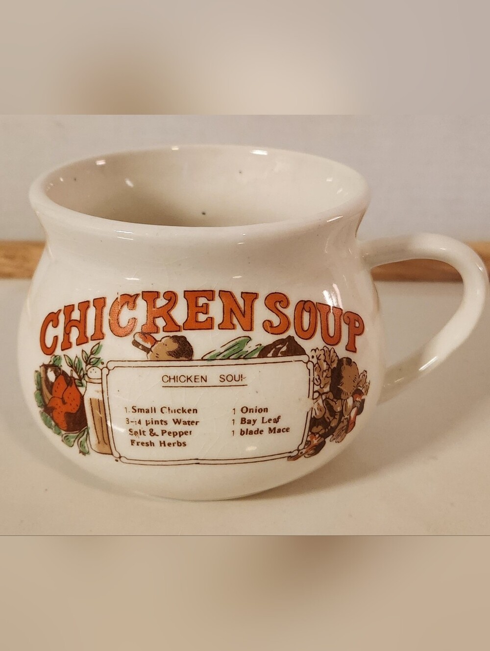 VTG 70s 80s Chicken Soup Ceramic Recipe Mug Crock Cup